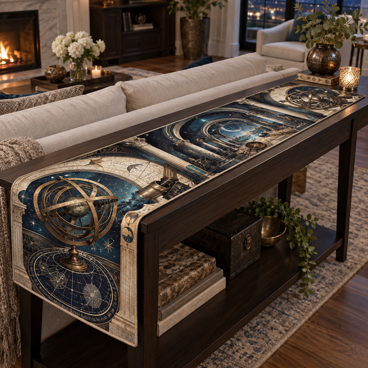 Astronomical Instruments Living Room Table Runner with flat printed optical 3D armillary spheres astrolabes and telescope optics through observatory arches in aged brass navy parchment and teal