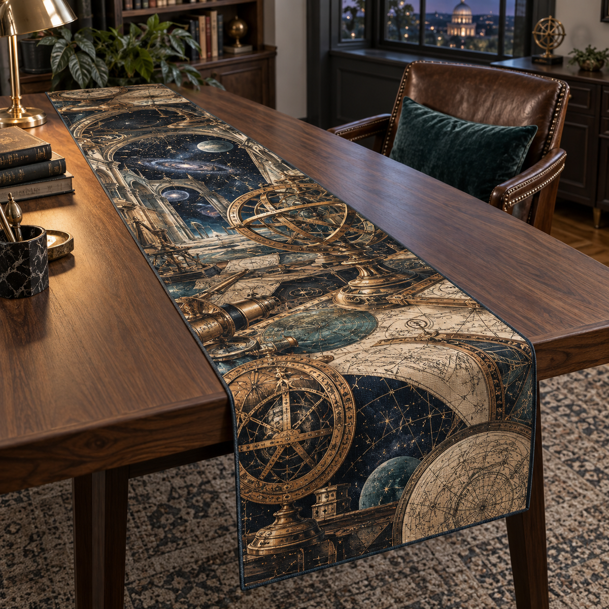 Astronomical Instruments Home Office Table Runner with flat printed optical 3D armillary spheres astrolabes and telescope optics through observatory arches in aged brass navy parchment and teal