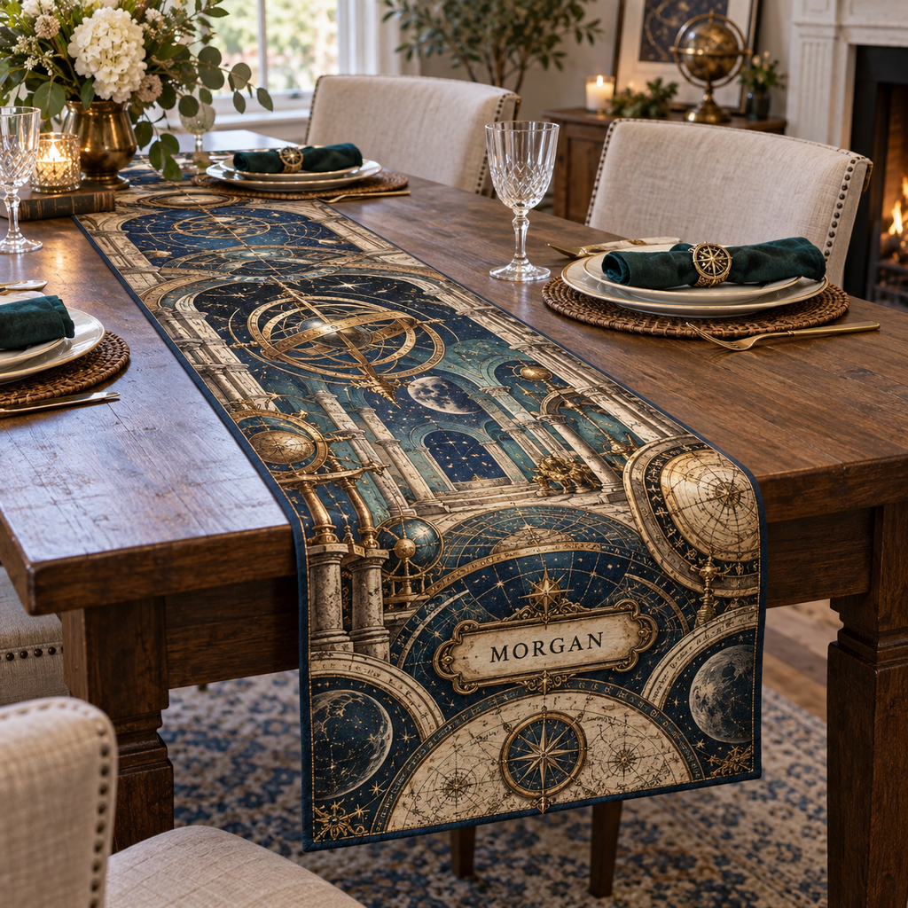 Astronomical Instruments Housewarming Table Runner with sample family name printed in optical 3D armillary spheres astrolabes and observatory arches