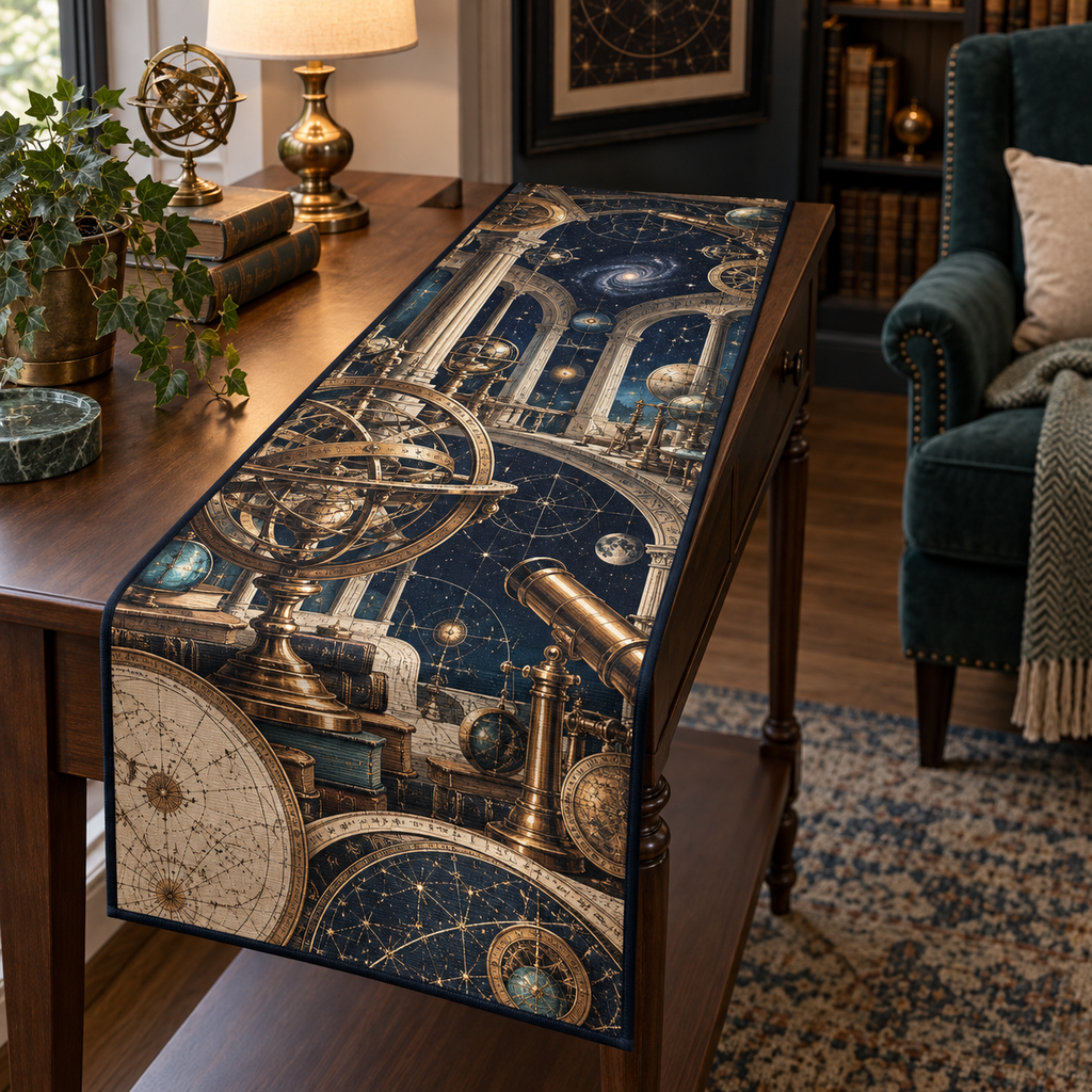 Astronomical Instruments Quiet Corner Table Runner with flat printed optical 3D armillary spheres astrolabes and telescope optics through observatory arches in aged brass navy parchment and teal