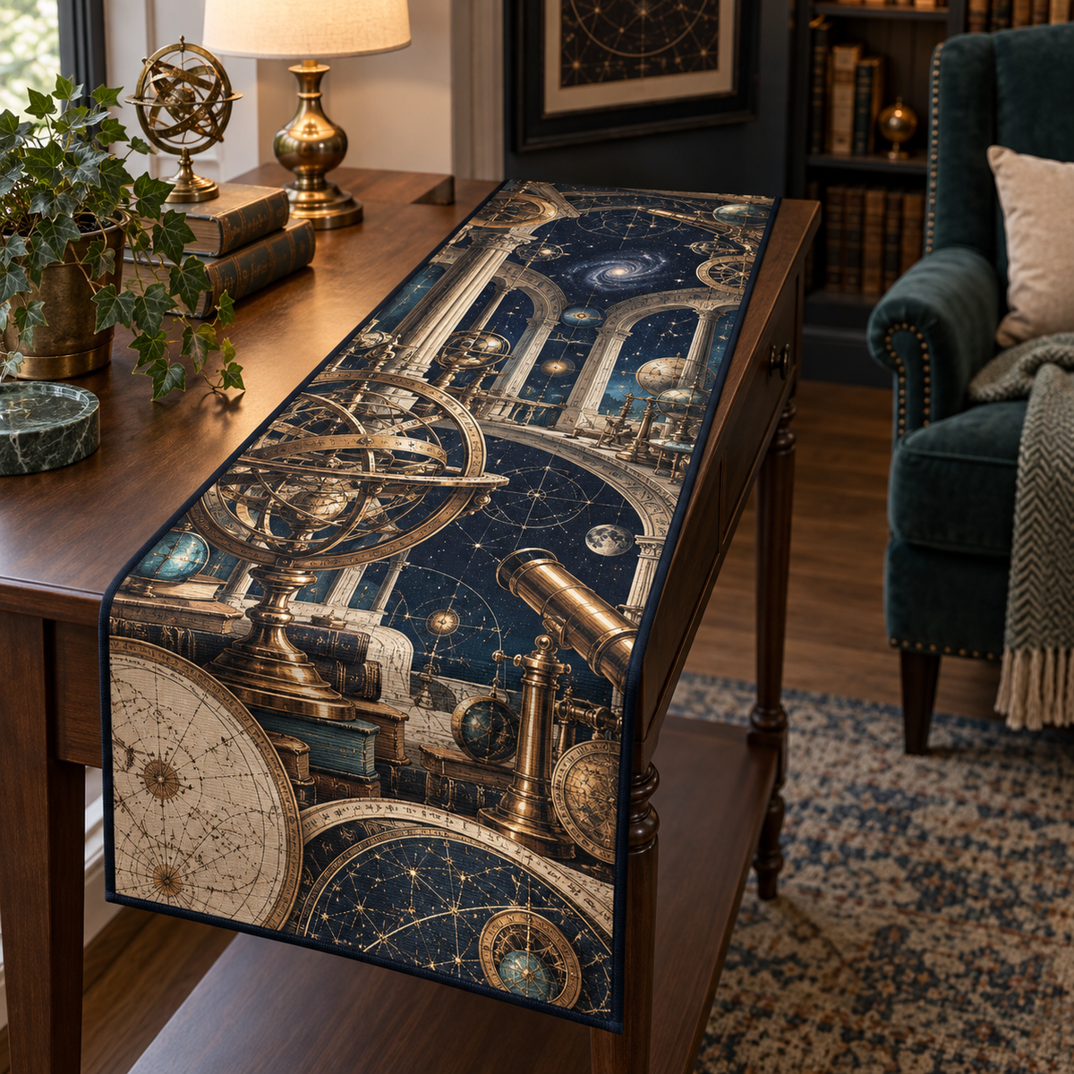 Astronomical Instruments Quiet Corner Table Runner with flat printed optical 3D armillary spheres astrolabes and telescope optics through observatory arches in aged brass navy parchment and teal