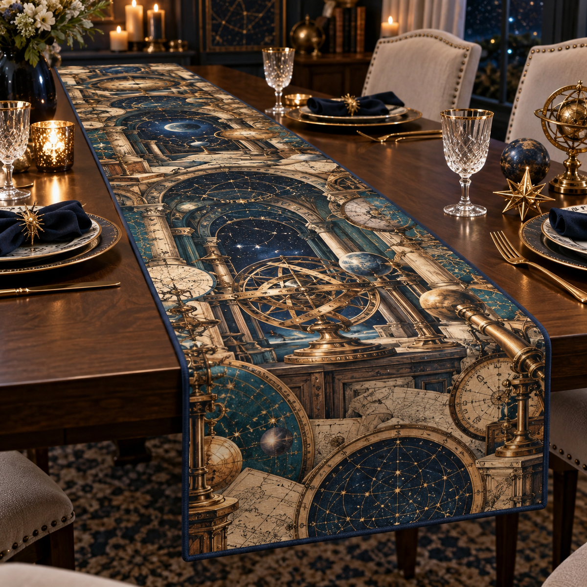 Astronomical Instruments Collector Table Runner with flat printed optical 3D armillary spheres astrolabes and telescope optics through observatory arches in aged brass navy parchment and teal