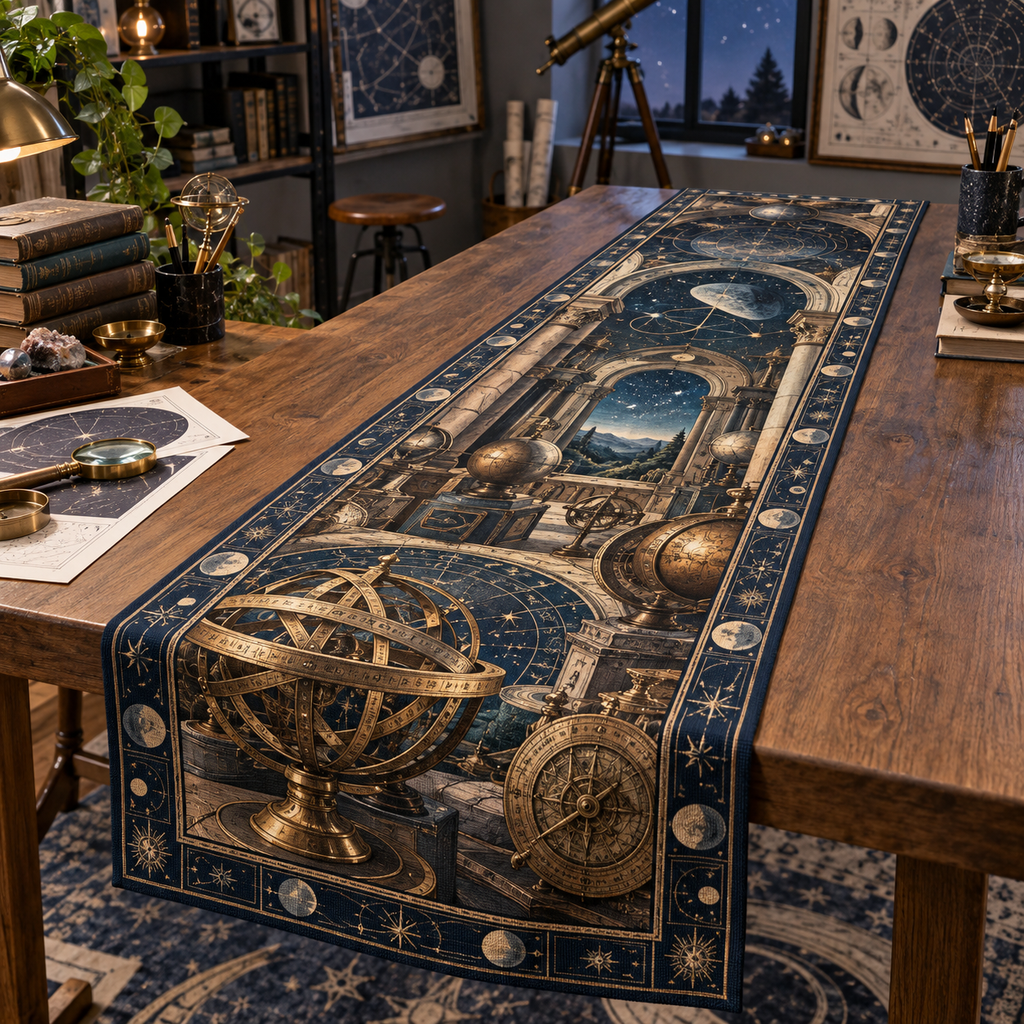 Astronomical Instruments Hobby Studio Table Runner with flat printed optical 3D armillary spheres astrolabes and telescope optics through observatory arches in aged brass navy parchment and teal