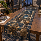 Astronomical Instruments Hobby Studio Table Runner with flat printed optical 3D armillary spheres astrolabes and telescope optics through observatory arches in aged brass navy parchment and teal