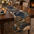 Astronomical Instruments Host Gift Table Runner with flat printed optical 3D armillary spheres astrolabes and telescope optics through observatory arches in aged brass navy parchment and teal