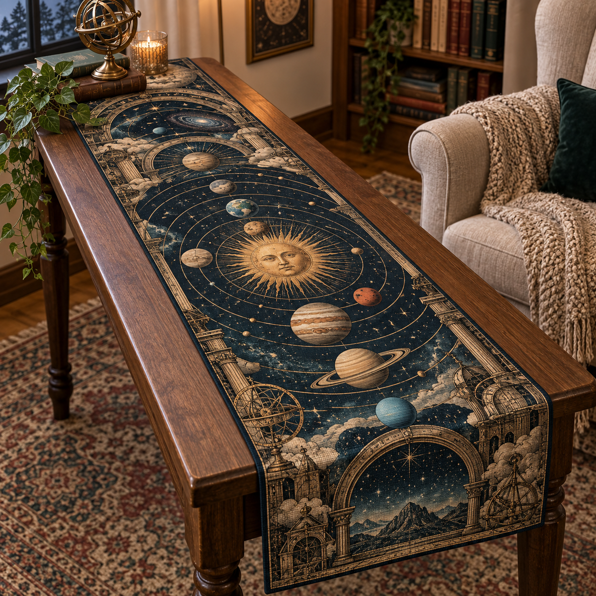 Vintage Solar System Reading Nook Table Runner with flat printed optical 3D antique sun engraved planets and orbital rings through observatory arches in brass navy sepia and teal