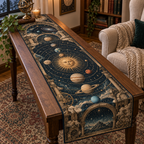 Vintage Solar System Reading Nook Table Runner with flat printed optical 3D antique sun engraved planets and orbital rings through observatory arches in brass navy sepia and teal