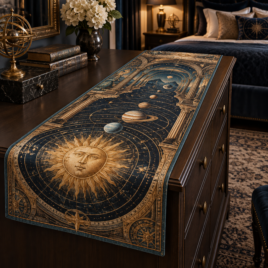 Vintage Solar System Bedroom Statement Table Runner with flat printed optical 3D antique sun engraved planets and orbital rings through observatory arches in brass navy sepia and teal