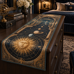 Vintage Solar System Bedroom Statement Table Runner with flat printed optical 3D antique sun engraved planets and orbital rings through observatory arches in brass navy sepia and teal