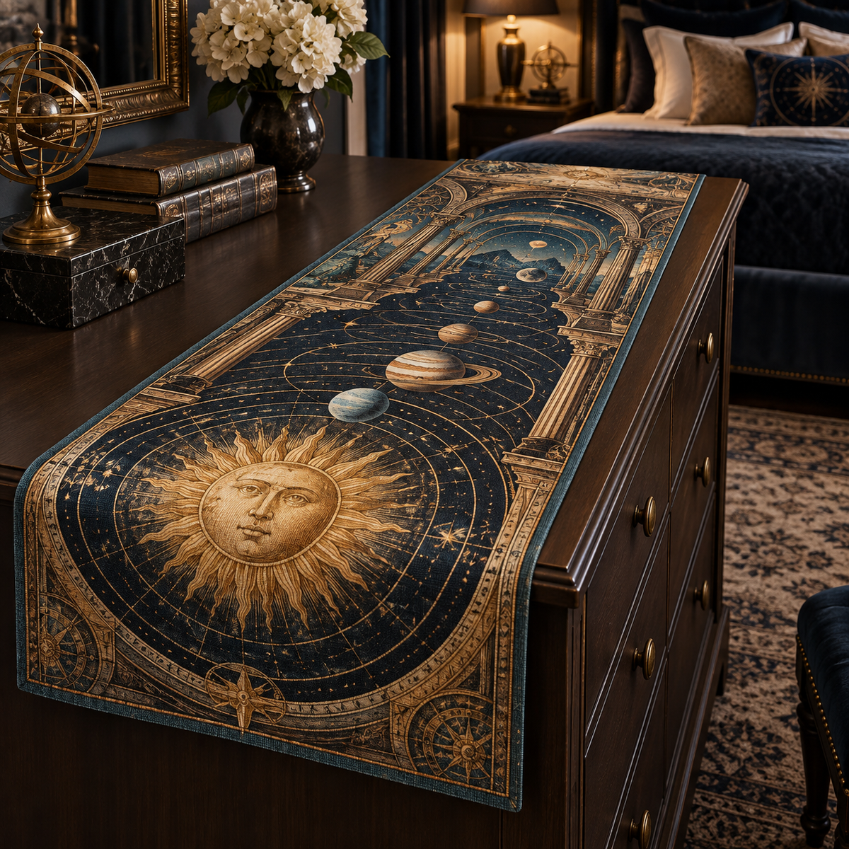 Vintage Solar System Bedroom Statement Table Runner with flat printed optical 3D antique sun engraved planets and orbital rings through observatory arches in brass navy sepia and teal