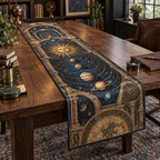 Vintage Solar System Home Office Table Runner with flat printed optical 3D antique sun engraved planets and orbital rings through observatory arches in brass navy sepia and teal