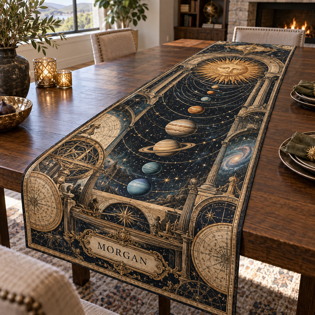 Vintage Solar System Housewarming Table Runner with sample family name printed in optical 3D antique sun engraved planets and orbital rings through observatory arches