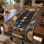 Vintage Solar System Housewarming Table Runner with sample family name printed in optical 3D antique sun engraved planets and orbital rings through observatory arches