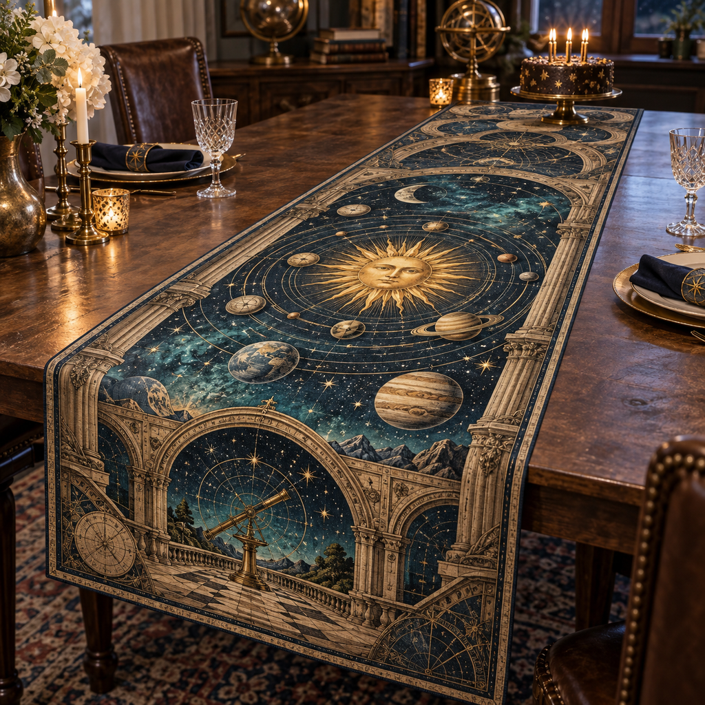 Vintage Solar System Collector Table Runner with flat printed optical 3D antique sun engraved planets and orbital rings through observatory arches in brass navy sepia and teal