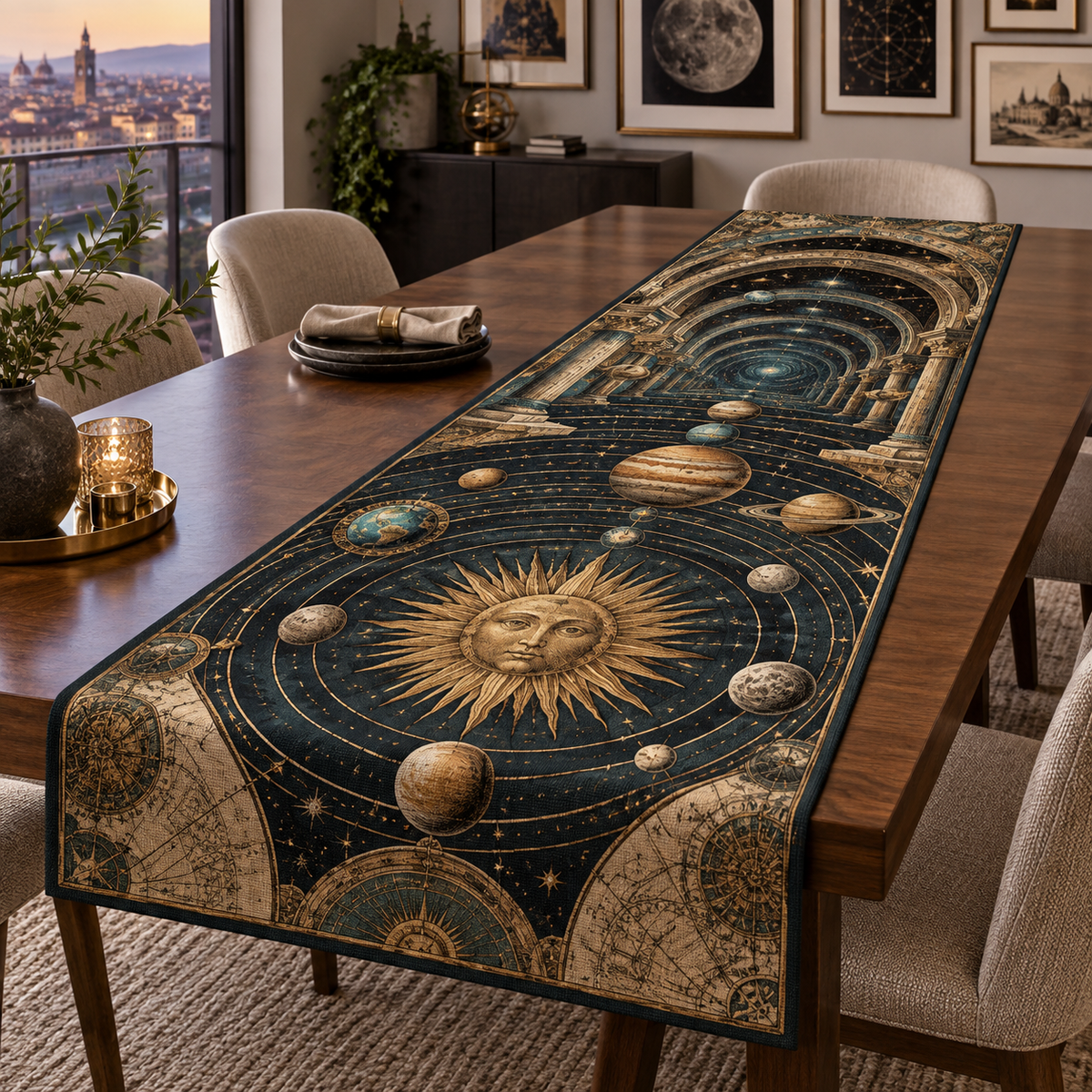 Vintage Solar System Apartment Gallery Table Runner with flat printed optical 3D antique sun engraved planets and orbital rings through observatory arches in brass navy sepia and teal