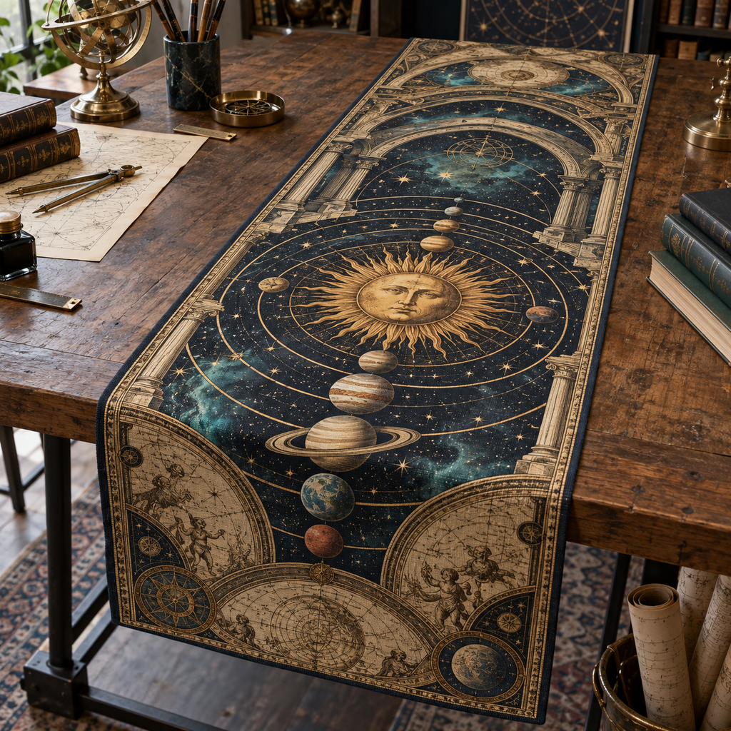 Vintage Solar System Hobby Studio Table Runner with flat printed optical 3D antique sun engraved planets and orbital rings through observatory arches in brass navy sepia and teal