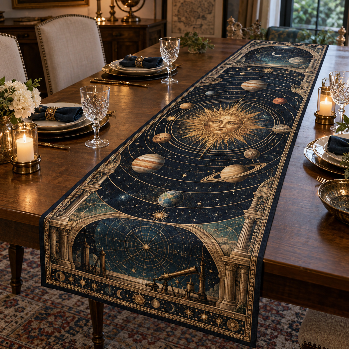 Vintage Solar System Host Gift Table Runner with flat printed optical 3D antique sun engraved planets and orbital rings through observatory arches in brass navy sepia and teal