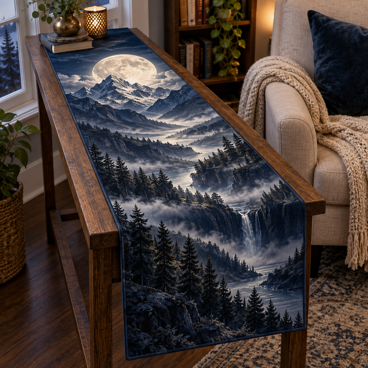 Moon Mountain Landscape Reading Nook Table Runner with flat printed optical 3D moonlit mountain ridges, alpine valley and silver pines in indigo, pewter and ivory