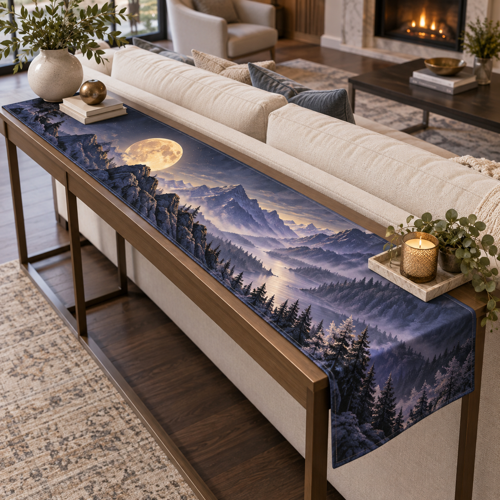 Moon Mountain Landscape Living Room Table Runner with flat printed optical 3D moonlit mountain ridges, alpine valley and silver pines in indigo, pewter and ivory