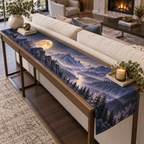 Moon Mountain Landscape Living Room Table Runner with flat printed optical 3D moonlit mountain ridges, alpine valley and silver pines in indigo, pewter and ivory