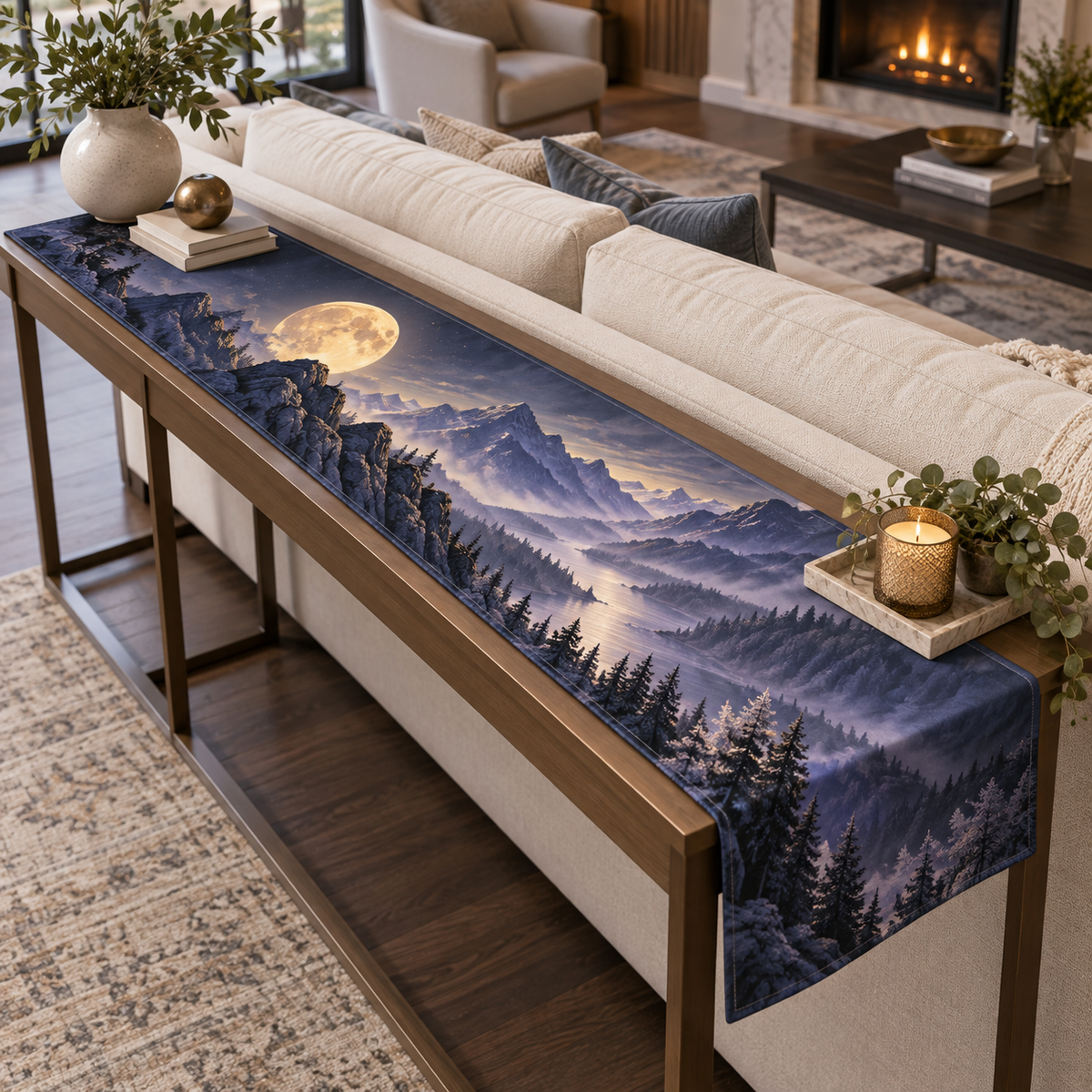 Moon Mountain Landscape Living Room Table Runner with flat printed optical 3D moonlit mountain ridges, alpine valley and silver pines in indigo, pewter and ivory