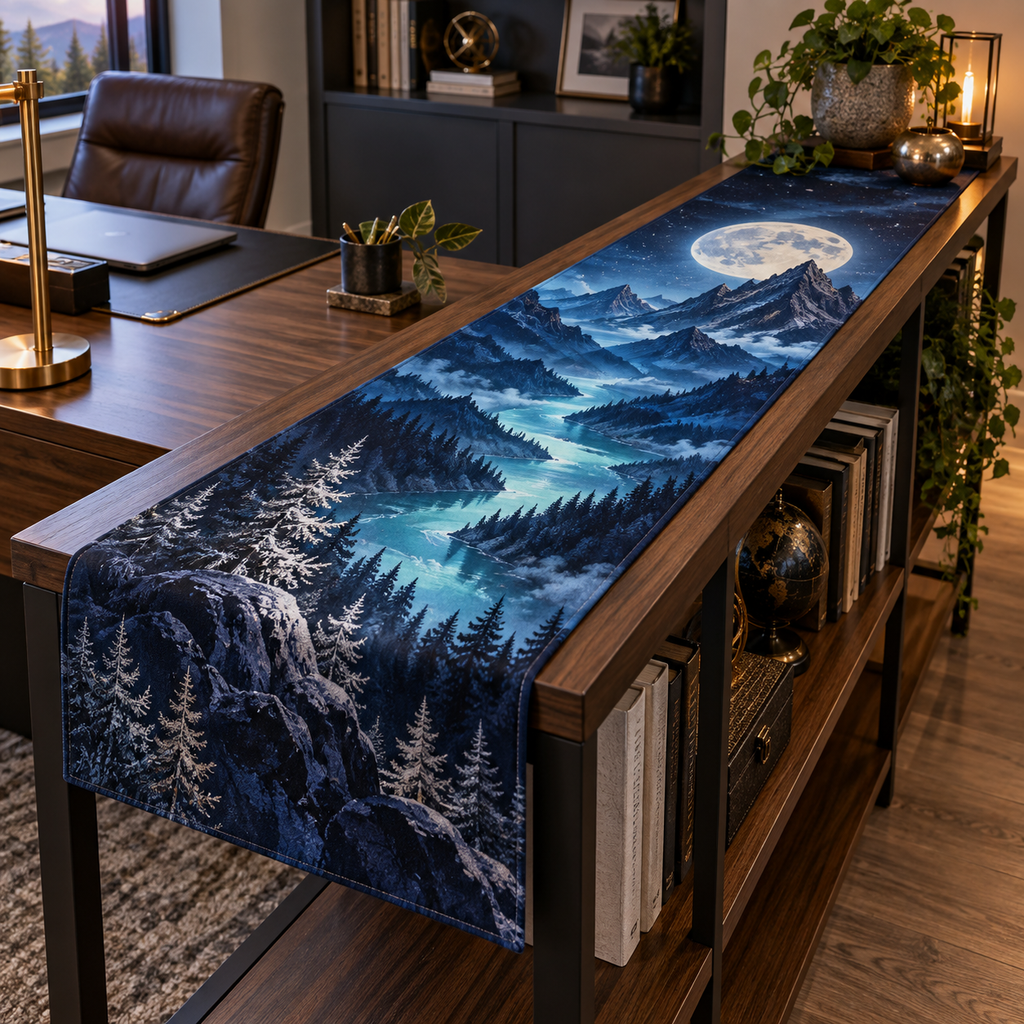 Moon Mountain Landscape Home Office Table Runner with flat printed optical 3D moonlit mountain ridges, alpine valley and silver pines in indigo, pewter and ivory