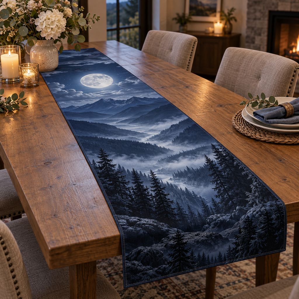 Moon Mountain Housewarming Table Runner with flat printed optical 3D moonlit alpine ridges, valley and silver pines in a housewarming setting; personalization preview has no name shown