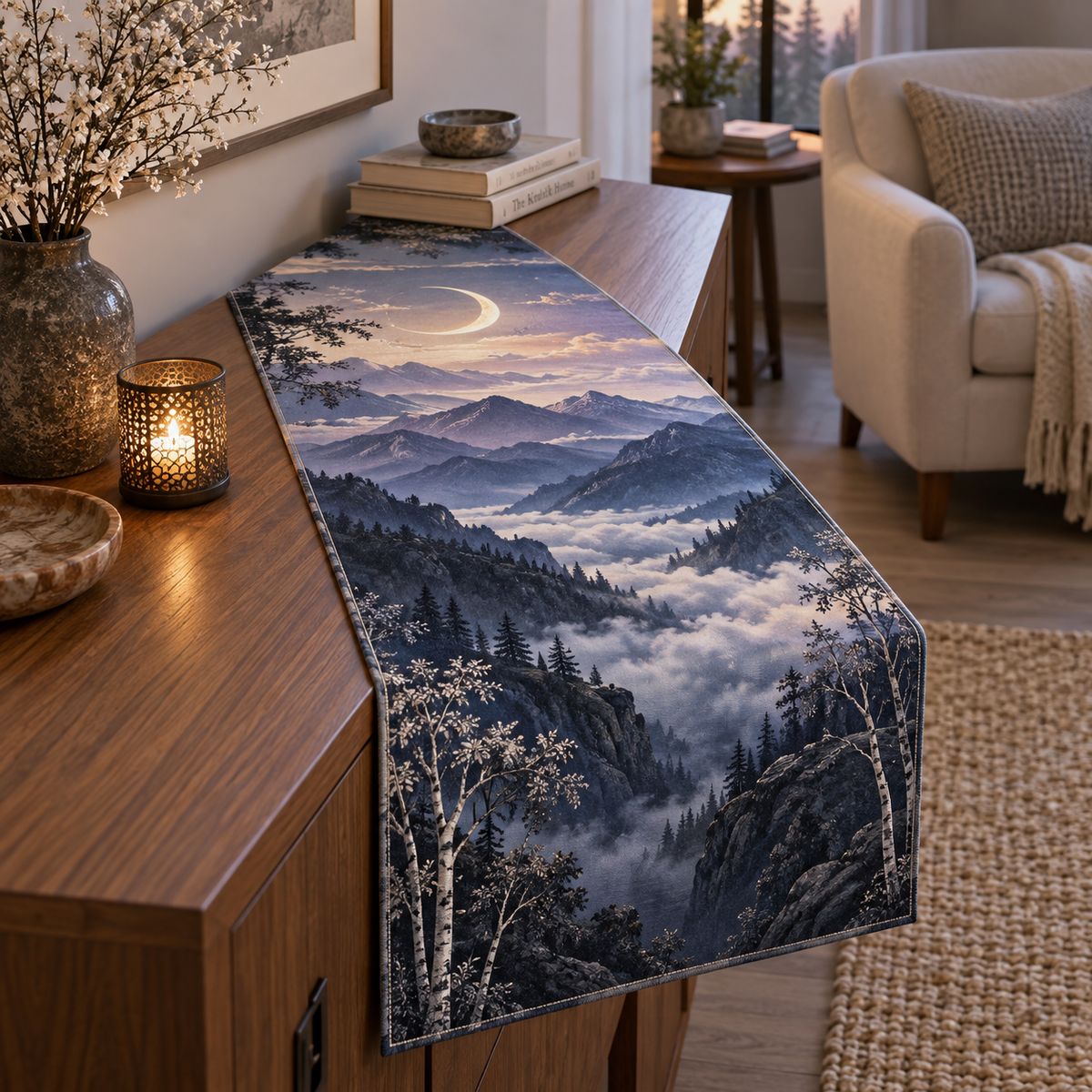 Moon Mountain Quiet Corner Table Runner with flat printed optical 3D crescent-lit smoky lavender mountain ridges, cloud valley and silver birches