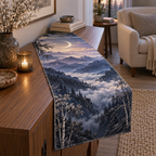 Moon Mountain Quiet Corner Table Runner with flat printed optical 3D crescent-lit smoky lavender mountain ridges, cloud valley and silver birches