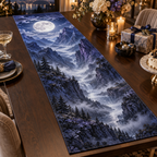 Moon Mountain Collector Table Runner with flat printed optical 3D pearl moon, cobalt and amethyst cliffs and silver mist gorge