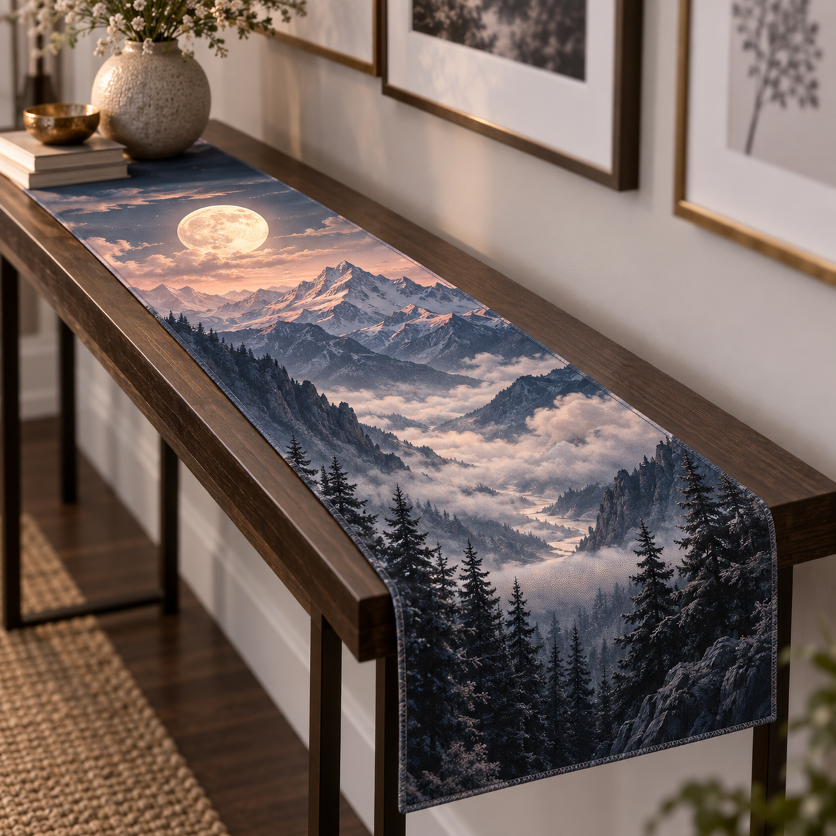 Moon Mountain Apartment Gallery Table Runner with flat printed optical 3D ivory moon, ink-blue and dusty rose alpine peaks and silver firs