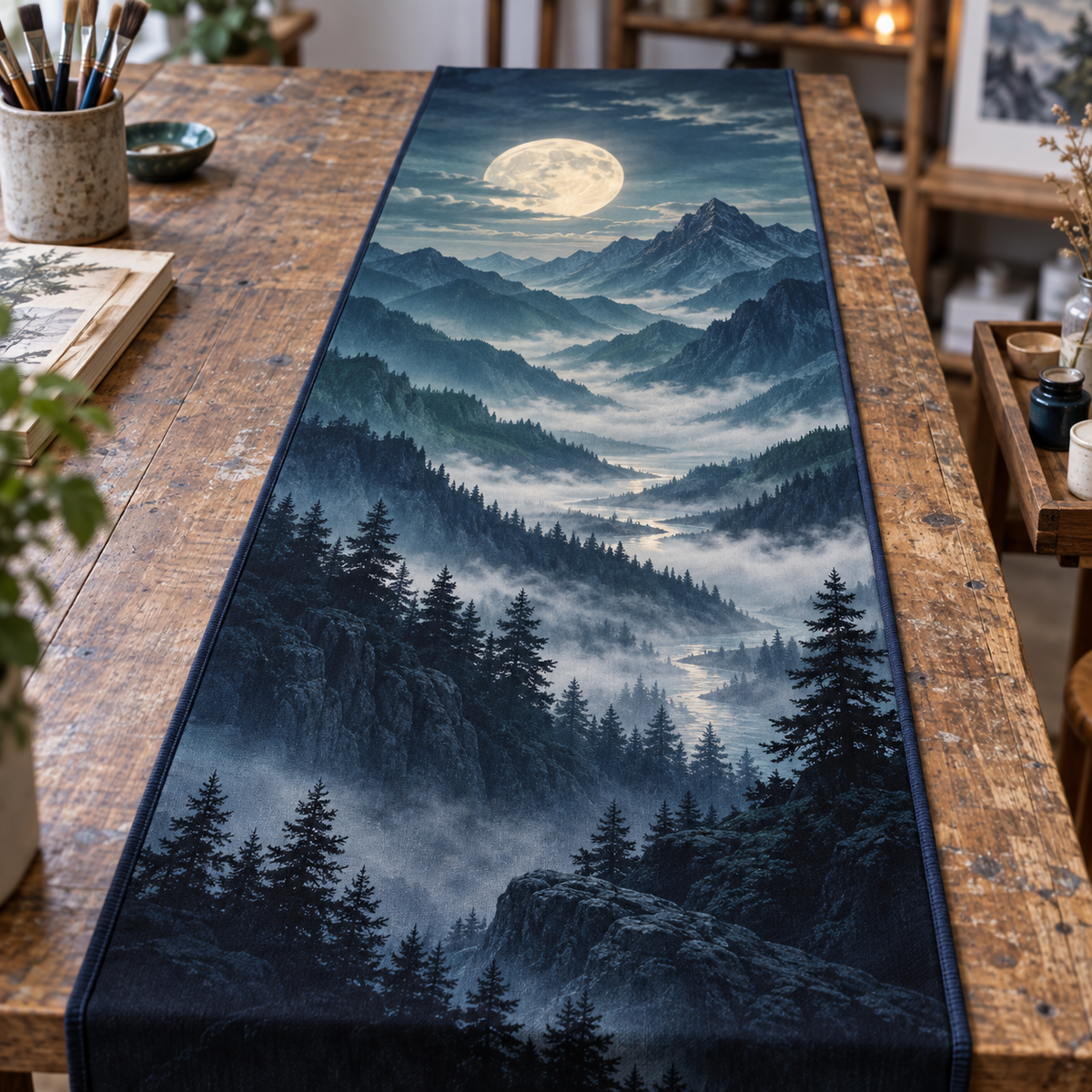 Moon Mountain Hobby Studio Table Runner with flat printed optical 3D moonlit jade-teal ridges, silver-mist valley and pines