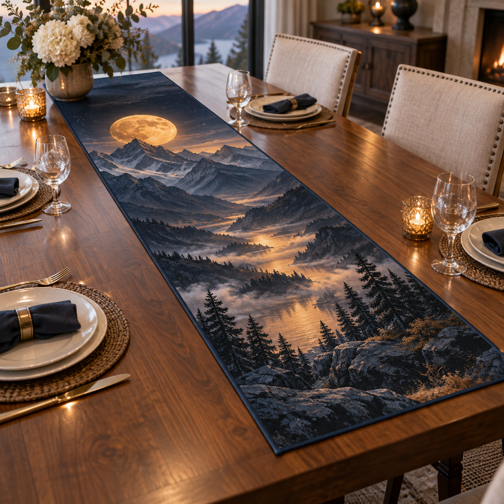 Moon Mountain Host Gift Table Runner with flat printed optical 3D amber moon, midnight-blue and graphite ridges and copper mist