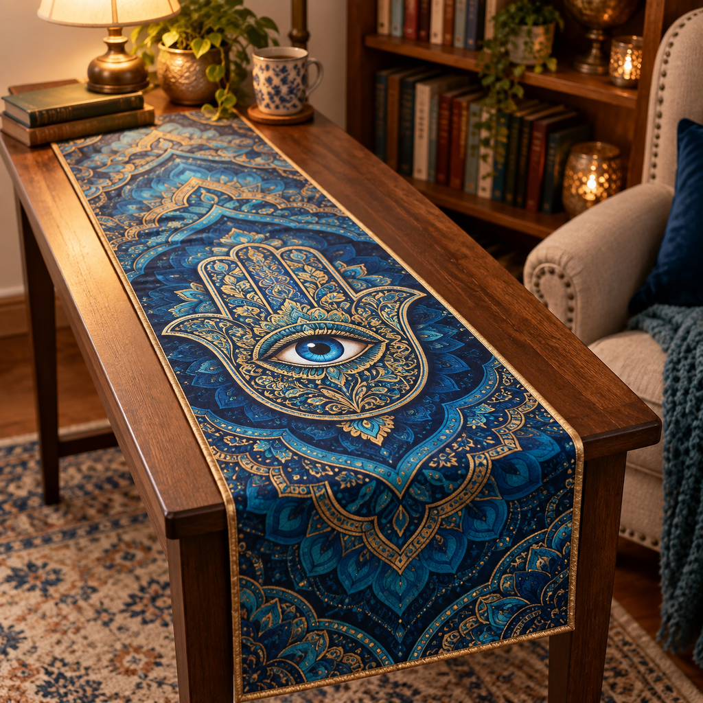 Hamsa Eye Reading Nook Table Runner with flat printed optical 3D cobalt turquoise and antique-gold Hamsa hand, sapphire eye and geometric filigree