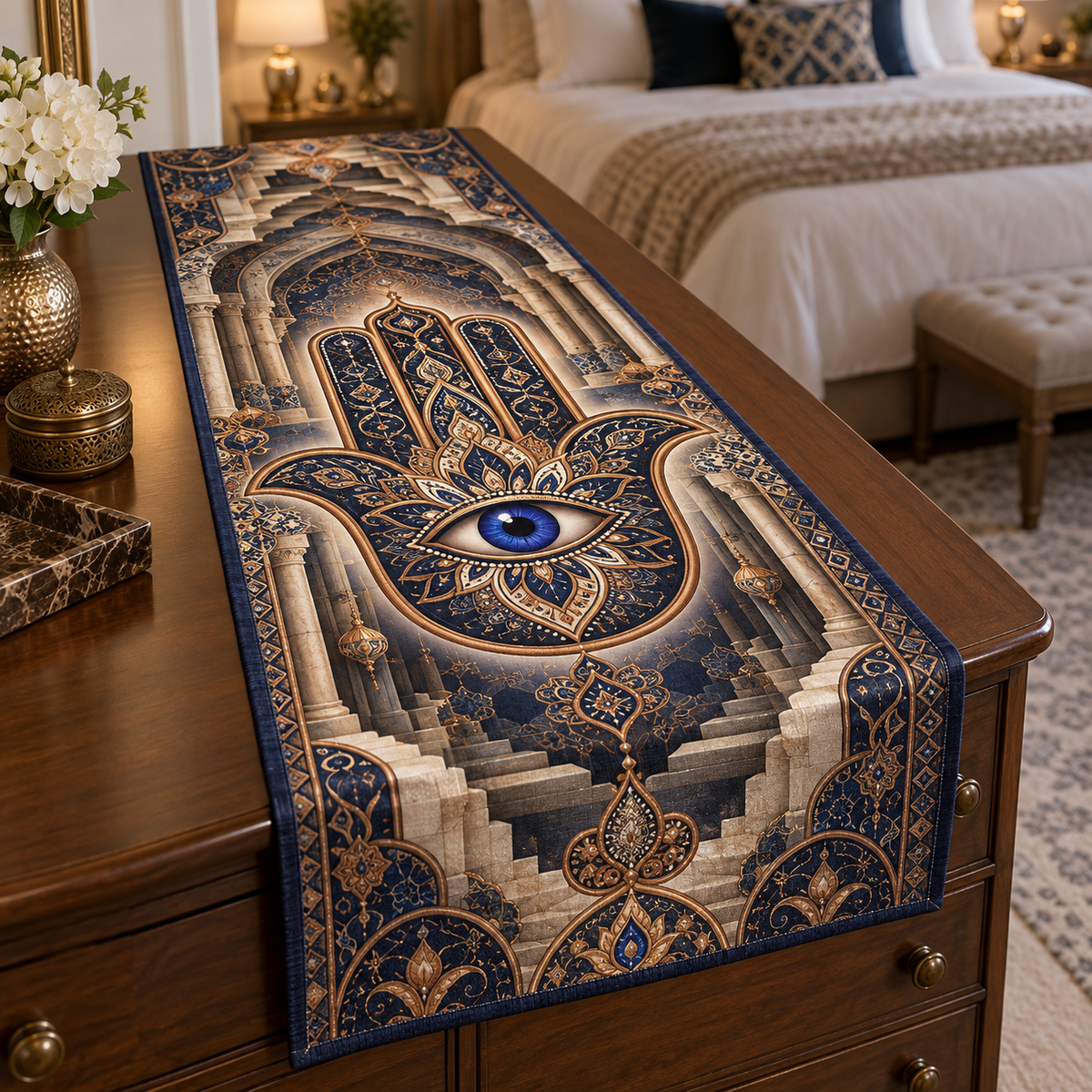 Hamsa Eye Bedroom Decor Table Runner with flat printed optical 3D Hamsa hand, lapis-blue eye and indigo copper ivory filigree