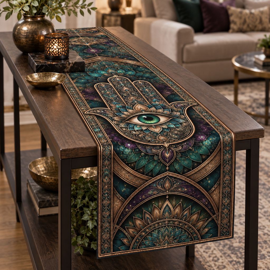 Hamsa Eye Living Room Table Runner with flat printed optical 3D Hamsa hand, emerald eye and teal plum bronze filigree