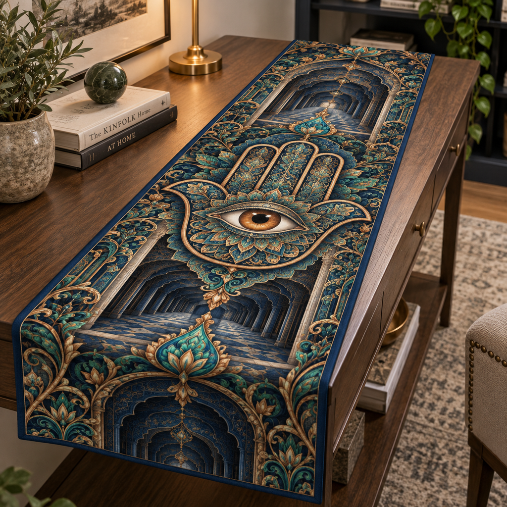 Hamsa Eye Home Office Table Runner with flat printed optical 3D Hamsa hand, amber eye and ultramarine jade copper filigree
