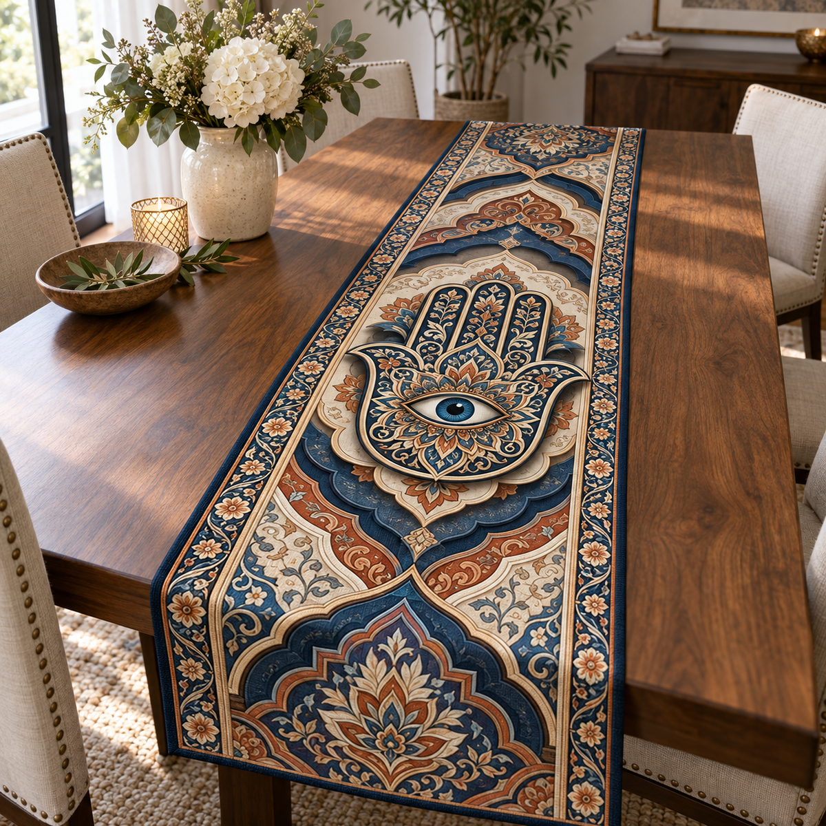 Hamsa Eye Housewarming Table Runner with flat printed optical 3D Hamsa hand, sapphire eye and midnight-blue terracotta ivory filigree; no sample name shown