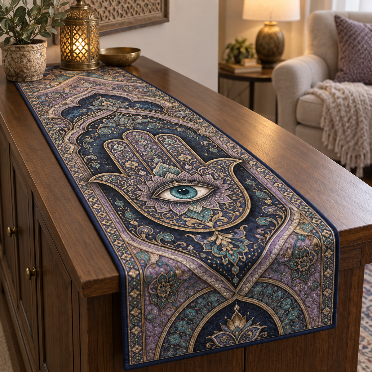 Hamsa Eye Quiet Corner Table Runner with flat printed optical 3D Hamsa hand, aquamarine eye and lilac midnight-blue brass mosaic filigree