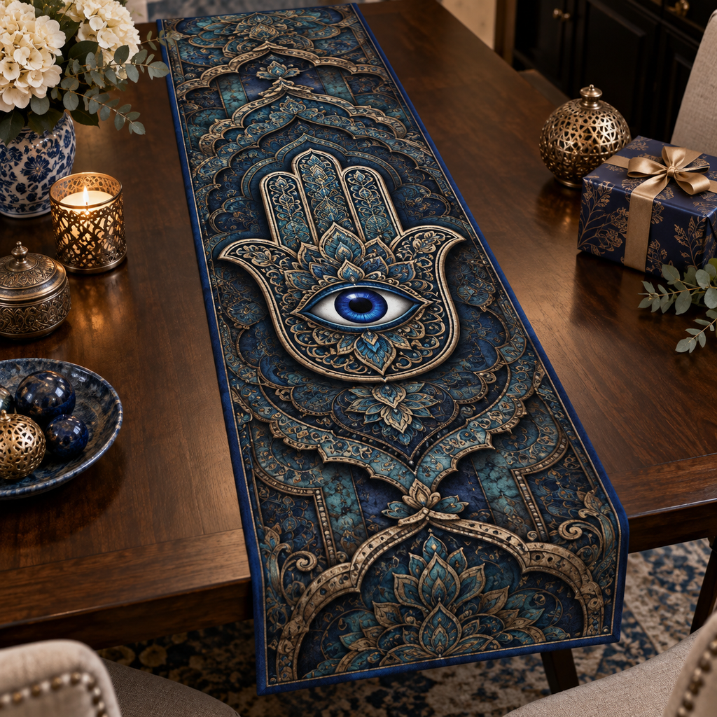Hamsa Eye Collector Table Runner with flat printed optical 3D Hamsa hand, dark sapphire eye and indigo oxidized-teal antique-bronze filigree