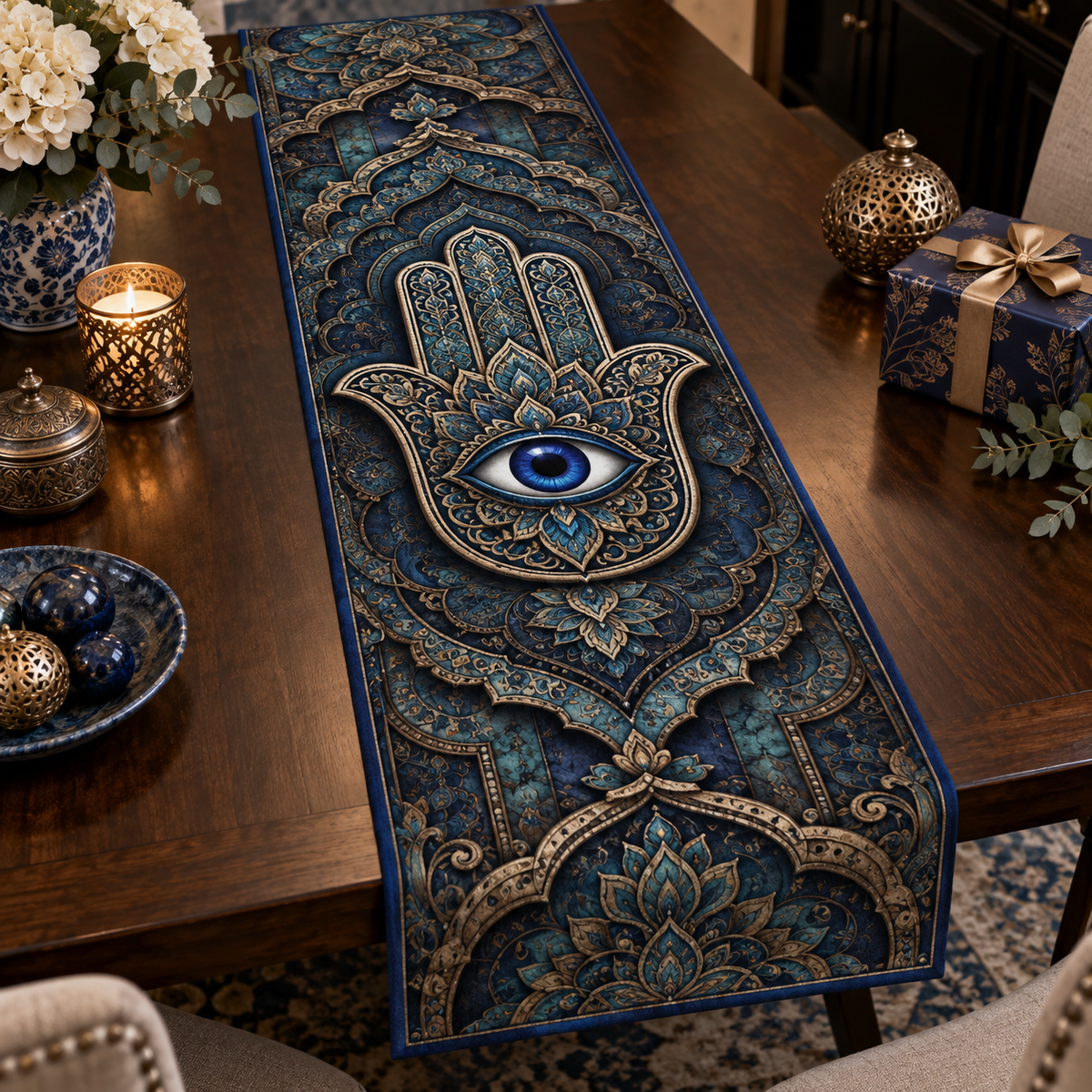 Hamsa Eye Collector Table Runner with flat printed optical 3D Hamsa hand, dark sapphire eye and indigo oxidized-teal antique-bronze filigree