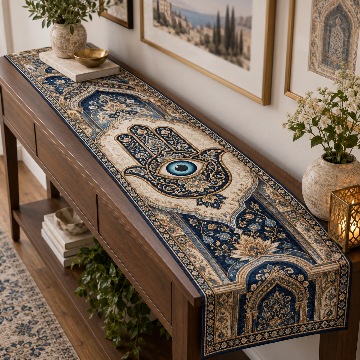 Hamsa Eye Apartment Gallery Table Runner with flat printed optical 3D Hamsa hand, turquoise eye and indigo pearl old-gold mosaic filigree