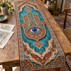 Hamsa Eye Hobby Studio Table Runner with flat printed optical 3D Hamsa hand, cobalt eye and turquoise rust-red parchment filigree
