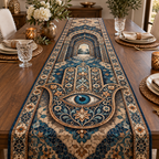 Hamsa Eye Host Gift Table Runner with flat printed optical 3D Hamsa hand, deep teal eye and sapphire sand copper filigree