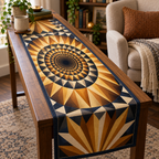 Geometric Sunburst Reading Nook Table Runner with flat printed optical 3D faceted amber golden-ochre rays, navy and cream tessellated bands
