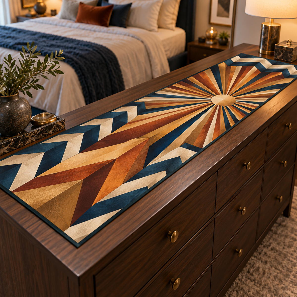 Geometric Sunburst Bedroom Decor Table Runner with flat printed optical 3D burnt-orange and antique-gold sunburst rays with petrol-blue ivory bands