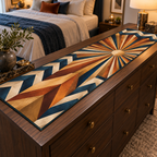 Geometric Sunburst Bedroom Decor Table Runner with flat printed optical 3D burnt-orange and antique-gold sunburst rays with petrol-blue ivory bands