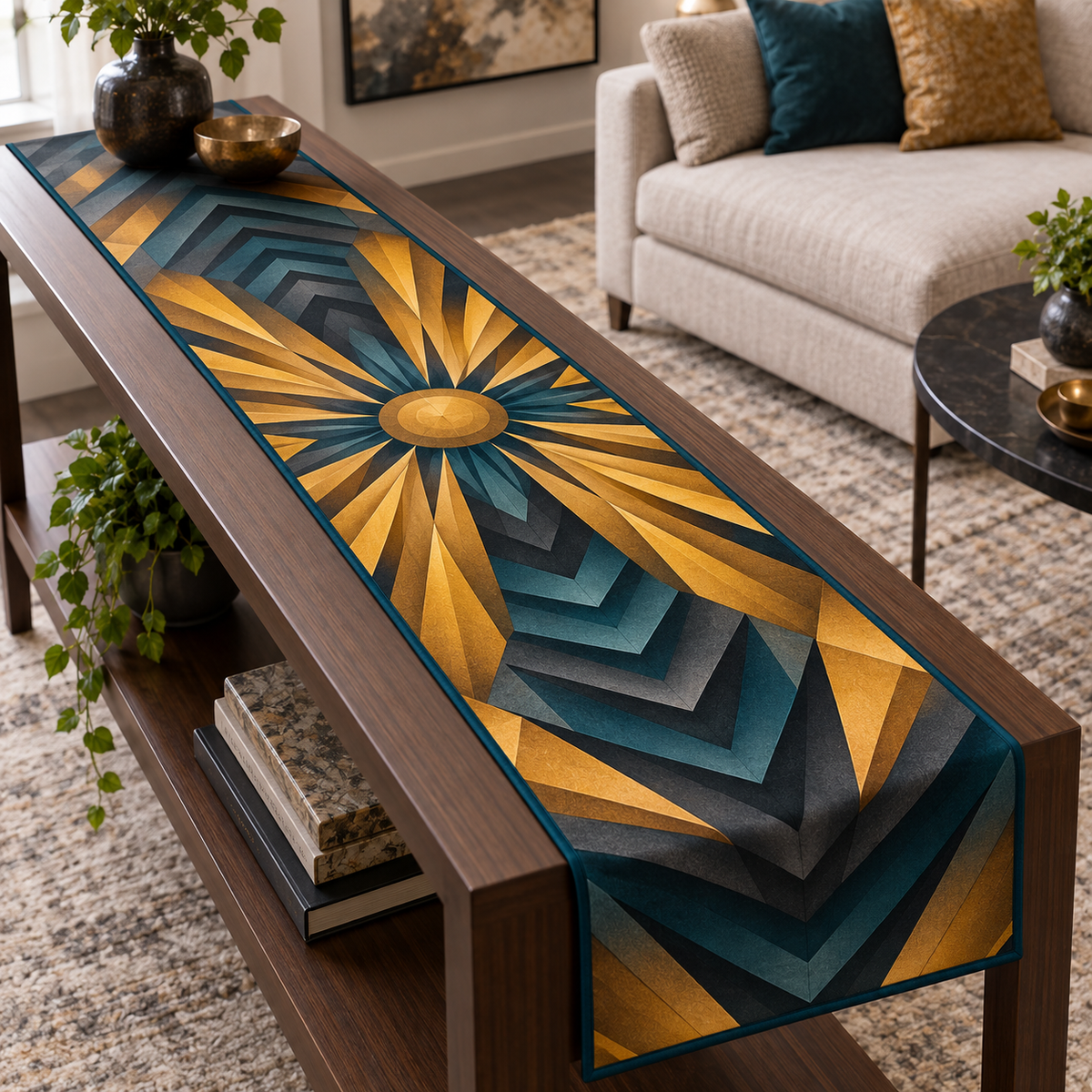 Geometric Sunburst Living Room Table Runner with flat printed optical 3D saffron-gold sunburst rays and charcoal deep-teal chevrons