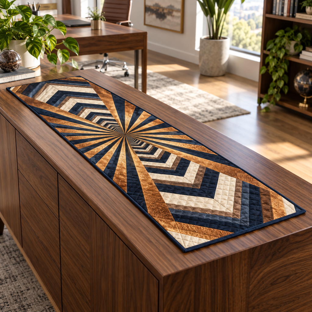 Geometric Sunburst Home Office Table Runner with flat printed optical 3D copper-gold sunburst rays and navy-ivory chevrons