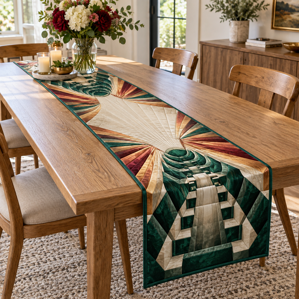 Geometric Sunburst Housewarming Table Runner with flat printed optical 3D copper-champagne sunburst rays and emerald-ivory facets